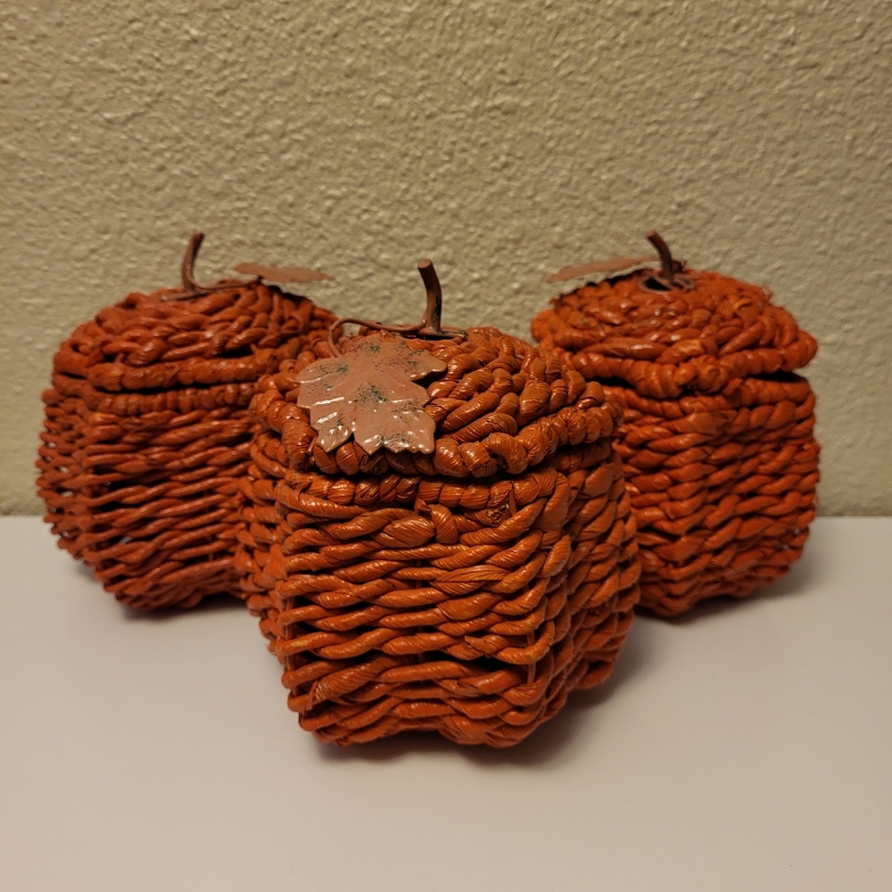 Set of Three Lidded Wicker Pumpkins